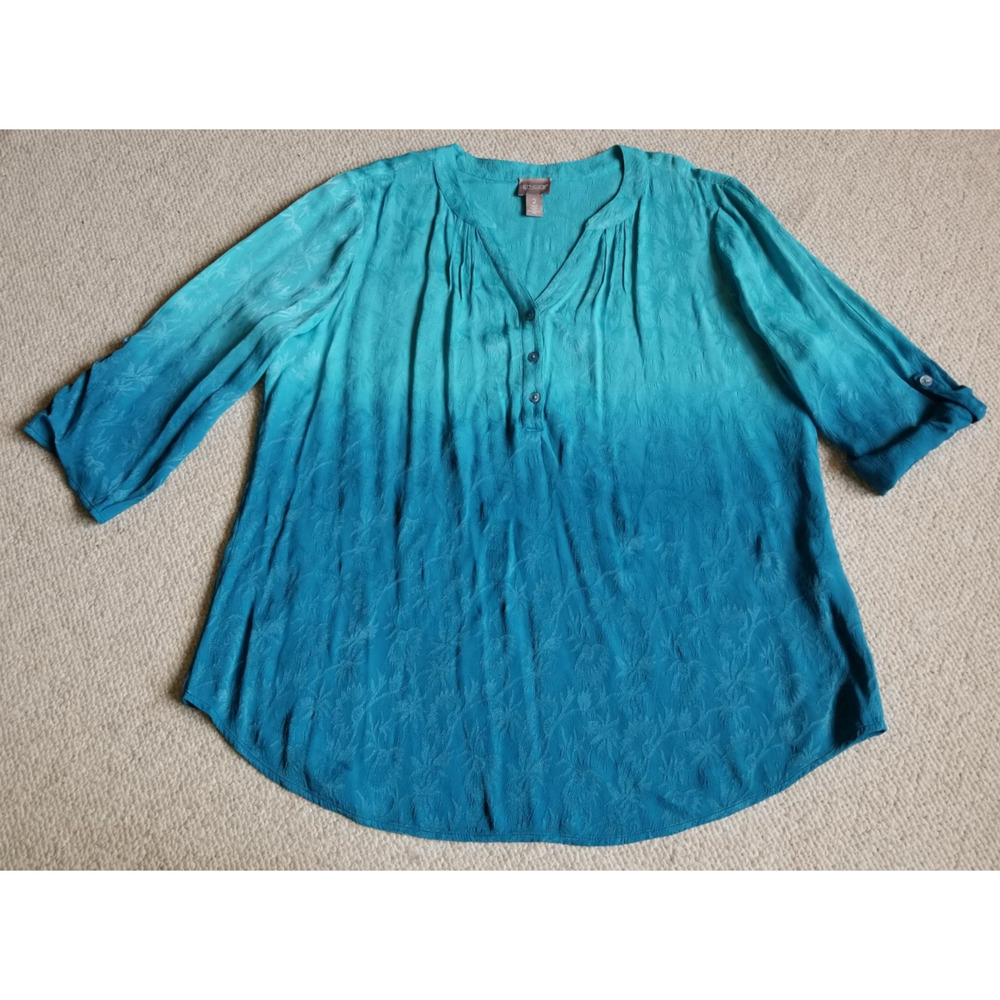 Womens Top-CHICO'S-blue ombre floral embossed silky 1/4 button beachy-2 (10/12)